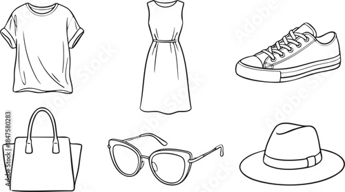 Black and white line art illustration of a t-shirt dress sneaker handbag sunglasses and fedora hat