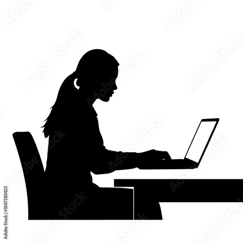 Office worker silhouette using laptop at desk, modern remote work concept perfect for technology, freelancing, and productivity themes
