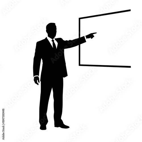 Business presenter silhouette pointing at board, professional leadership concept ideal for training, coaching, and corporate visuals