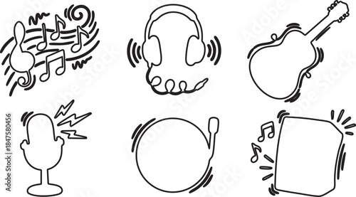 Black outline music icons including notes headphones guitar microphone record player and speaker