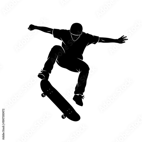 Skateboarder silhouette performing trick, urban extreme sports icon ideal for youth culture and action sports designs