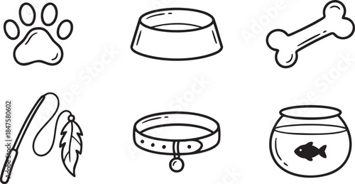 Collection of six black and white hand drawn pet care icons including paw print food bowl bone toy collar and fishbowl