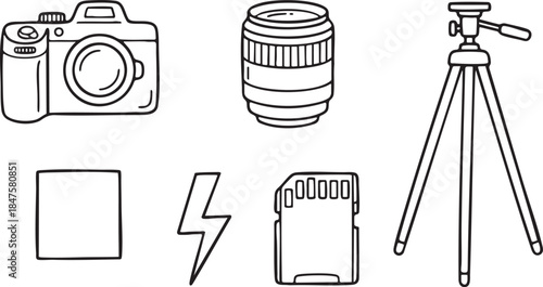 Hand drawn black and white illustration of camera lens tripod memory card and lightning bolt vector