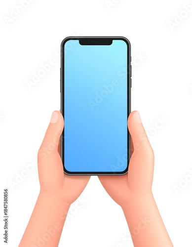 Cartoon-style hands holding a smartphone with a blue screen
