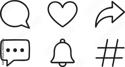 Hand drawn black social media icons speech bubble heart share bell hashtag vector
