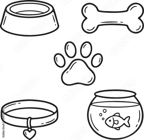 Hand drawn dog bone paw print collar and fish bowl icons on white background vector