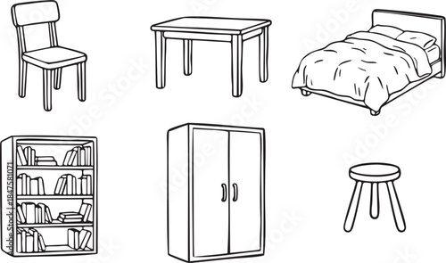 Hand drawn furniture collection including chair table bed bookshelf wardrobe stool vector