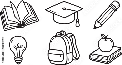 Hand drawn icons of an open book graduation cap pencil light bulb backpack and apple on book pages