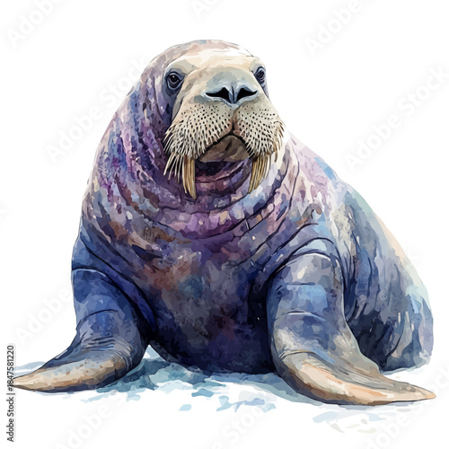Watercolor illustration painting of Walrus, minimal, isolated on a white background.