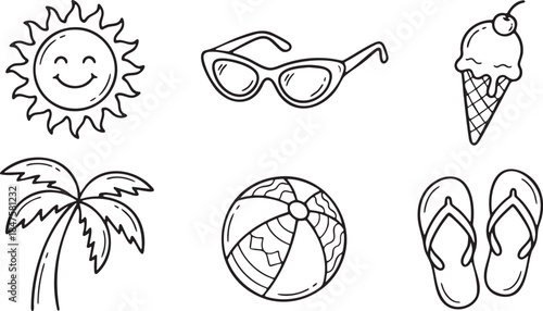 Hand drawn smiling sun sunglasses ice cream cone palm tree beach ball flip flops happy eyewear
