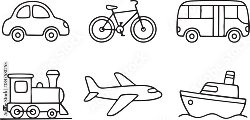 Simple black outline drawings of six different modes of transportation on a white background bicycle