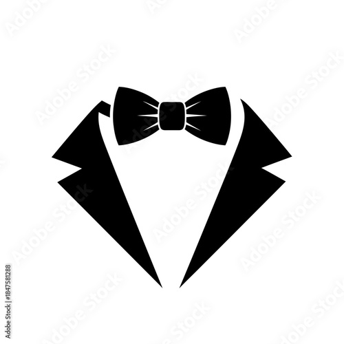 Tuxedo suit with bow tie icon in bold black style for wedding themes, formal events, and luxury fashion branding