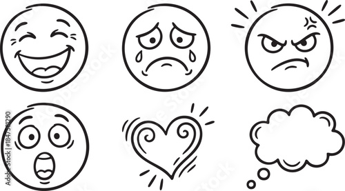 Six black and white hand drawn cartoon faces and symbols including happy sad angry surprised heart and thought bubble