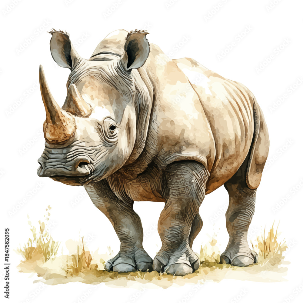Fototapeta premium White Rhinoceros, soft hand-painted watercolor illustration, isolated on a white background.