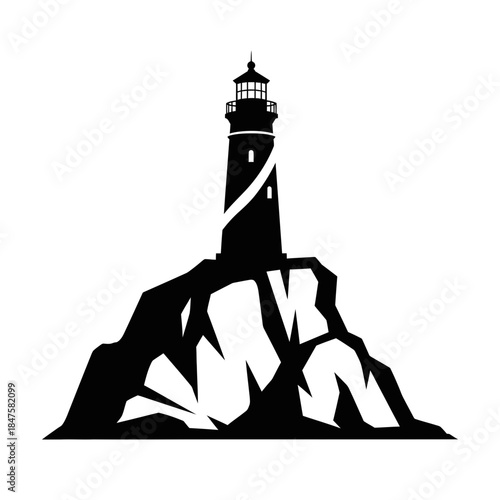 Lighthouse on cliff silhouette illustration, coastal navigation symbol icon ideal for travel themes, safety concepts, and seaside art