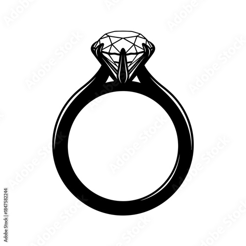 Diamond engagement ring silhouette illustration, luxury jewelry icon ideal for wedding themes, romance branding, and elegant designs