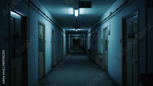 Long dimly lit corridor in an abandoned building with flickering fluorescent lights, eerie atmosphere and perspective view creating sense of isolation and suspense