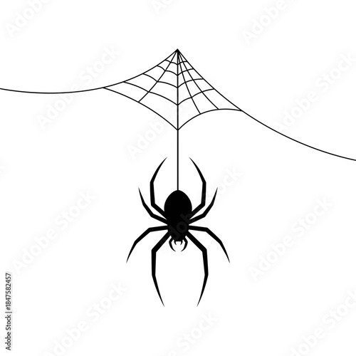Creepy spider on web silhouette illustration, Halloween insect icon perfect for horror themes, dark designs, tattoos, and spooky visuals