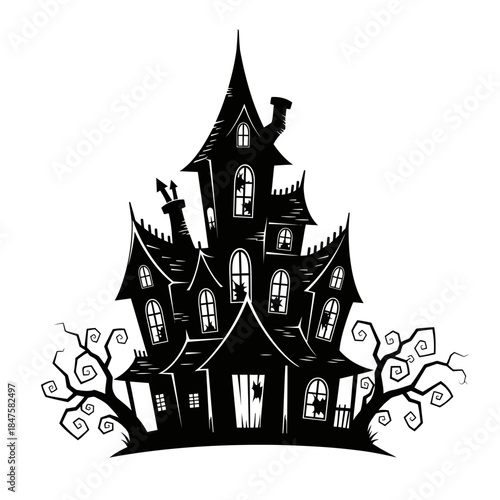 Haunted gothic castle silhouette illustration, spooky fantasy architecture icon perfect for Halloween themes, horror art, and game design