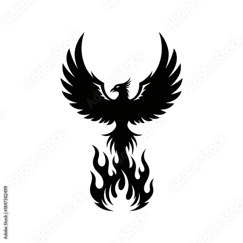 Fiery phoenix silhouette illustration, rebirth and immortality myth symbol ideal for spiritual themes, tattoos, fantasy art, and branding
