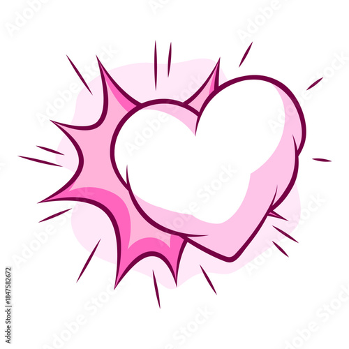Valentine cartoon cloud heart with explosion. Romantic speech bubble in comic style. Love greeting card.
