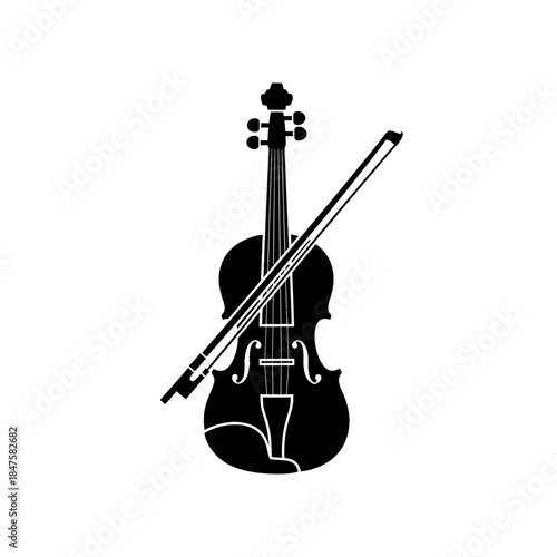 Classic violin and bow silhouette illustration, elegant string instrument icon for orchestral music themes, education materials, and artistic branding