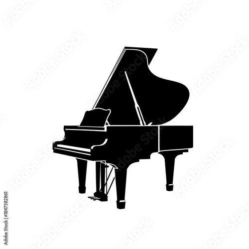 Elegant black grand piano silhouette icon, classic music instrument symbol perfect for concert posters, music schools, logos, and creative design projects