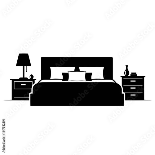 Bedroom bed silhouette icon representing rest, sleep, comfort, home interiors, relaxation and healthy lifestyle routines