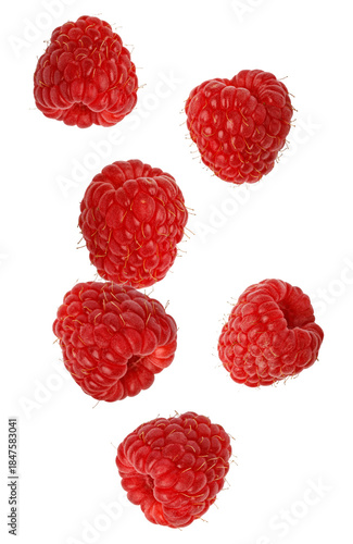 studio photograph capturing the vibrant and appealing texture of fresh, ripe raspberries scattered on a clean, minimalist transparent background.