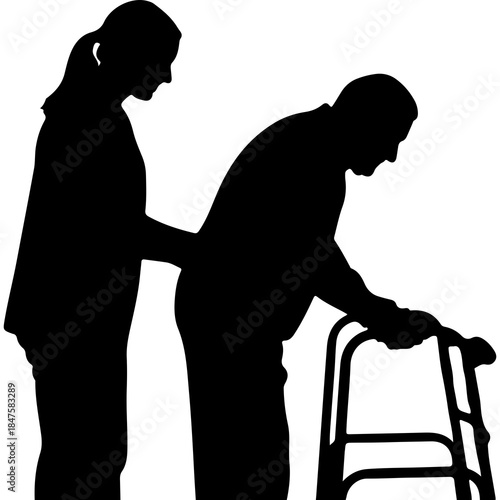 Caregiver assisting senior man with walker with transparent background