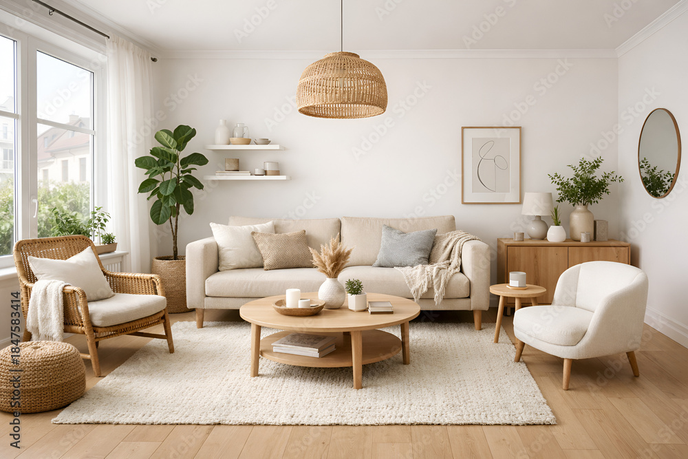 Fototapeta premium Bright Minimalist Living Room with Scandinavian Design
