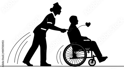  Caregiver pushing wheelchair with heart symbol compassion care