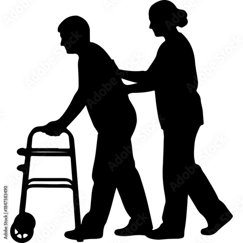 Elderly man with walker assisted by caregiver with transparent background