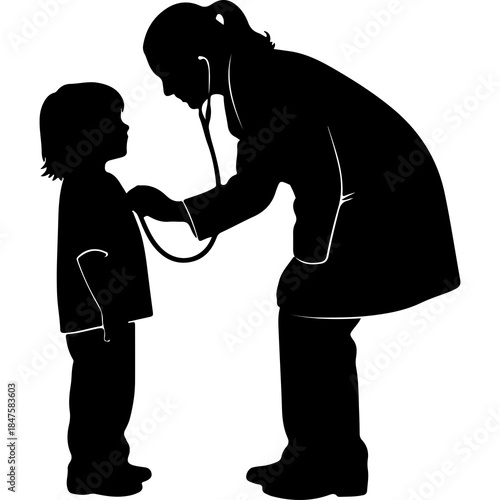 Doctor checking child health with stethoscope silhouette