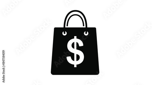 Vector illustration of black shopping bag icon with white dollar sign symbol inside