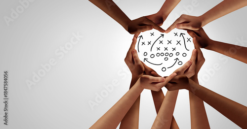 diverse hands forming a heart shape around a strategic game plan diagram symbolizing unity teamwork shared goals and collective success as a connected community.