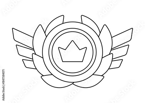 Gold medal with laurel leaves and wings. Game award for the winners. Illustration of prize for sports competitions.