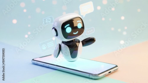 Wallpaper Mural Cute 3d robot assistant hovering above smartphone with glowing screen, futuristic artificial intelligence chatbot concept for online communication and digital technology innovation Torontodigital.ca
