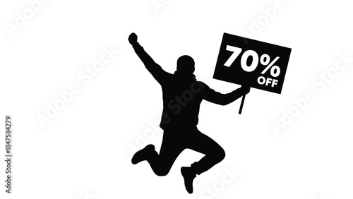 Vector illustration of excited man jumping celebrating big sale discount of seventy percent off