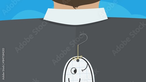 Animation of a paper fish prank on a businessman's back. The fish is attached to the jacket.
