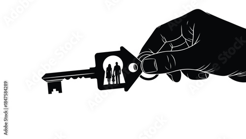 Vector illustration of hand holding a houseshaped key with a silhouette of a couple inside, symbolizing home ownership or real estate