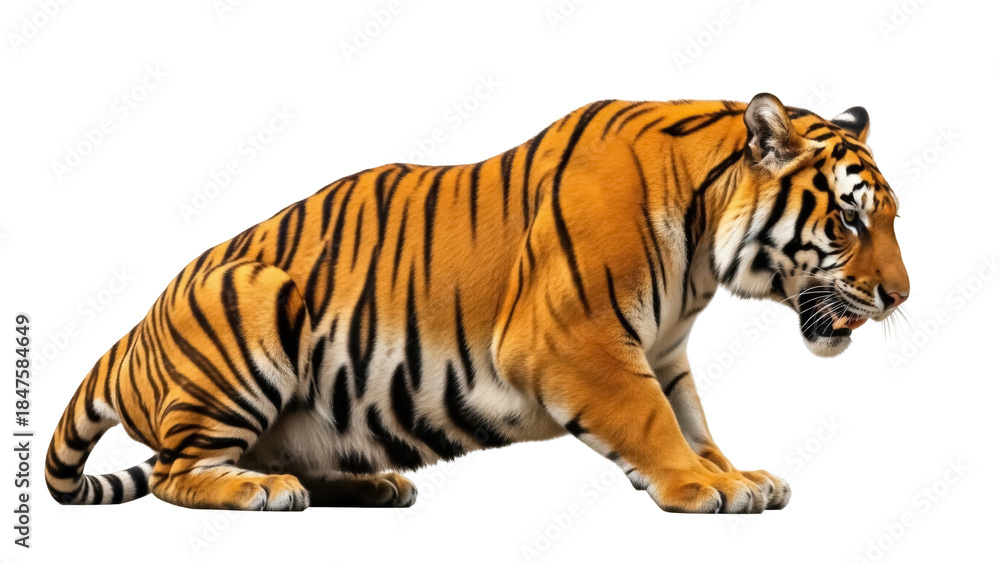 Obraz premium Isolated Bengal tiger on the prowl, ready to pounce with sleek orange and black stripes