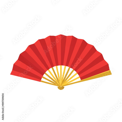 A red hand fan with a gold handle and accents on a white background.