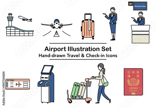 空港での旅行とチェックインの流れを分かりやすく表現したイラストセット｜飛行機やスーツケースやパスポートや案内スタッフなど空港利用に必要な要素を描いた旅行イメージ