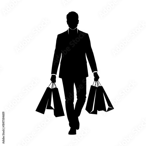 Professional businessperson walking with shopping bags silhouette, modern lifestyle and commerce symbol for retail and urban visuals
