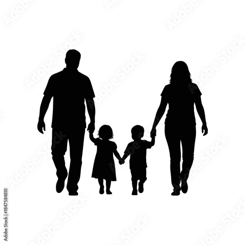 Happy family walking together silhouette, parents and children symbolizing love, unity, and togetherness for lifestyle and social designs