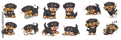 Cartoon Rottweiler puppy expressing joy and playfulness in various poses  