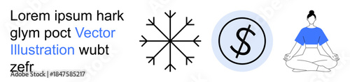 Wellness, finance, mindfulness, weather, simplicity, modern icons. Illustration features a snowflake, a dollar sign in a circle and a person in a meditative pose. Wellness and finance concepts