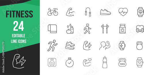 24 Fitness Line Icons – Editable Outline Workout, Gym, Health and Exercise Symbols