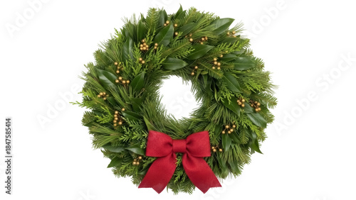 Isolated evergreen wreath with red bow is a festive decoration for the Christmas season.
